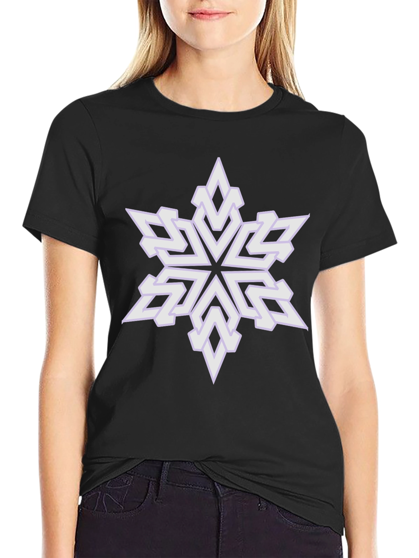 Geometric Snowflake Graphic Tee - Black