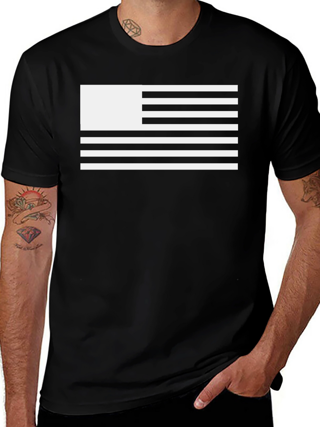 Black T-Shirt with Unique White Flag Design