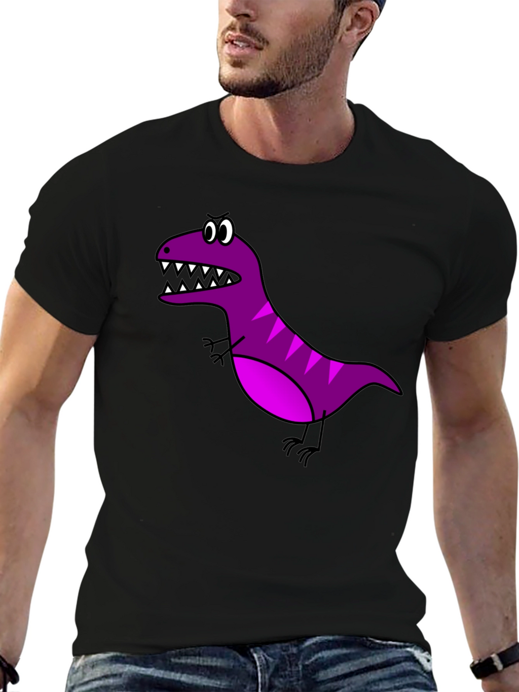 Cartoon Dinosaur Graphic Tee - Black Cotton T-Shirt