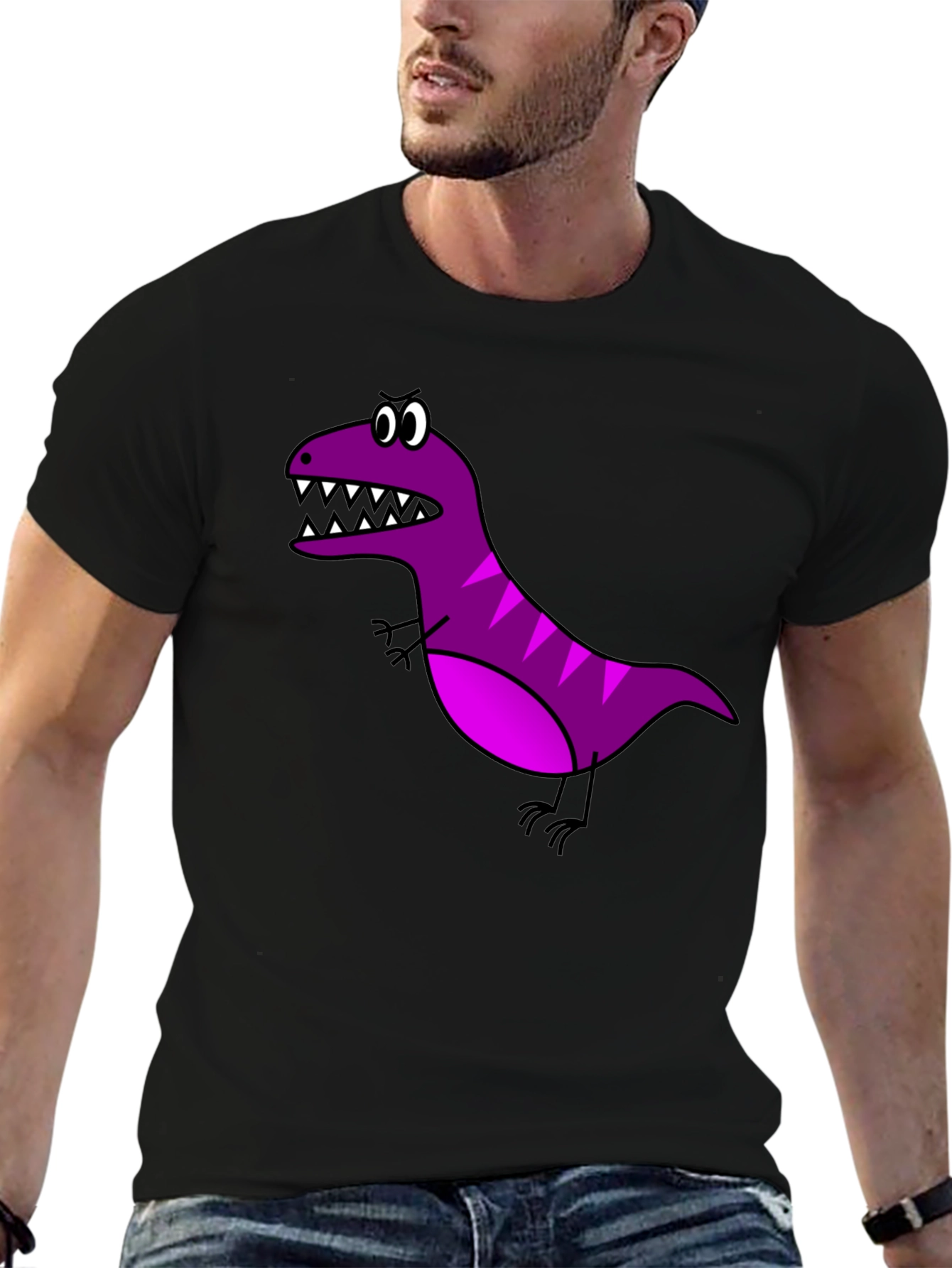 Cartoon Dinosaur Graphic Tee - Black Cotton T-Shirt