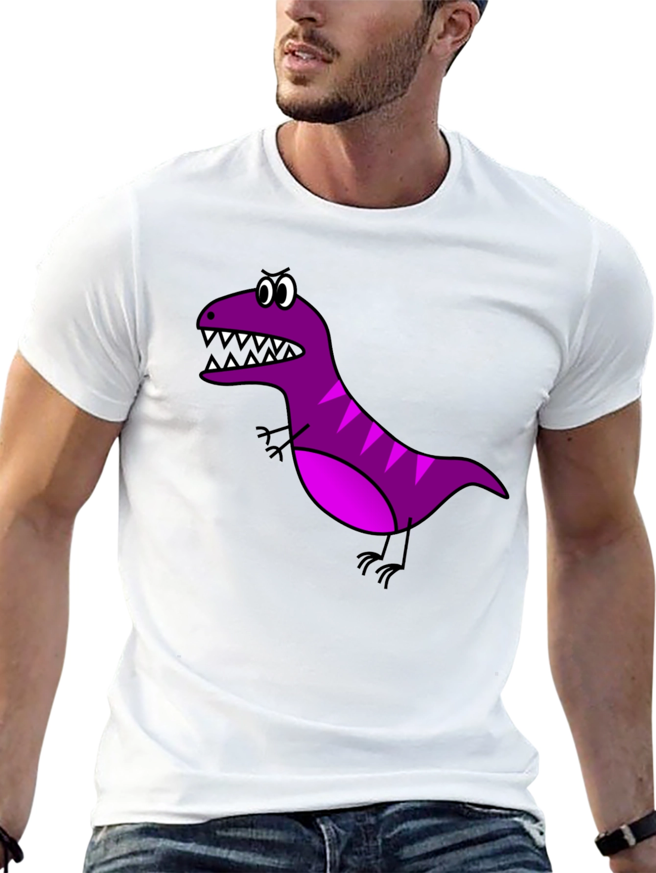Cartoon Dinosaur Graphic Tee - Black Cotton T-Shirt