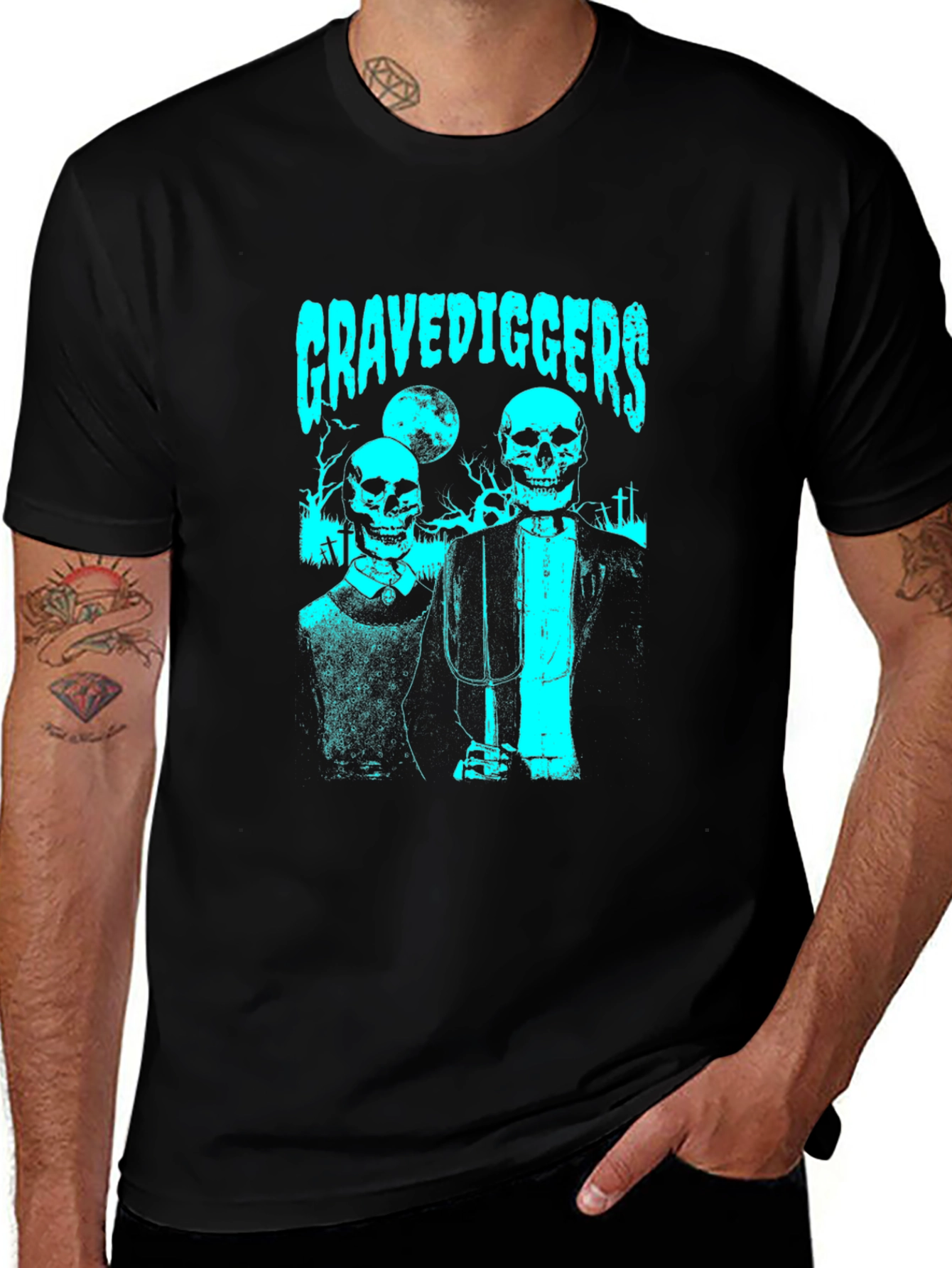 Gravediggers Skeleton Couple Graphic Black T-Shirt