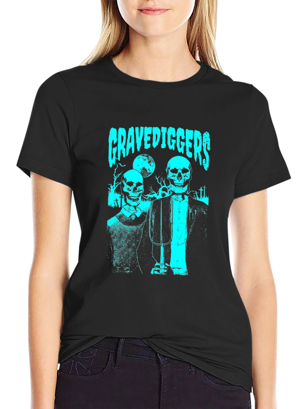 Gravediggers Skeleton Couple Graphic Black T-Shirt