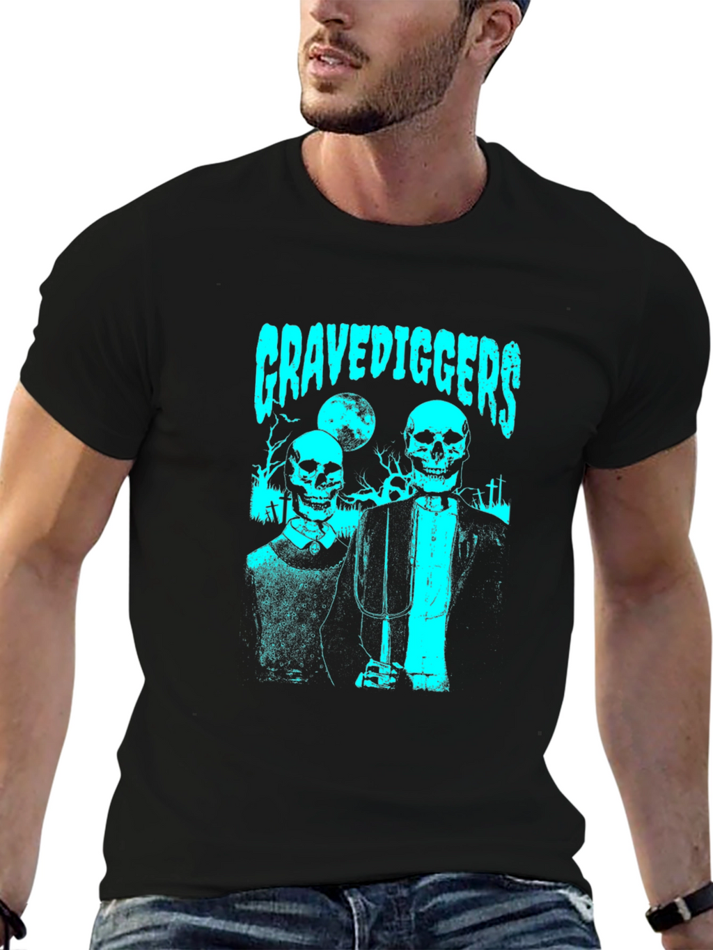 Gravediggers Skeleton Couple Graphic Black T-Shirt
