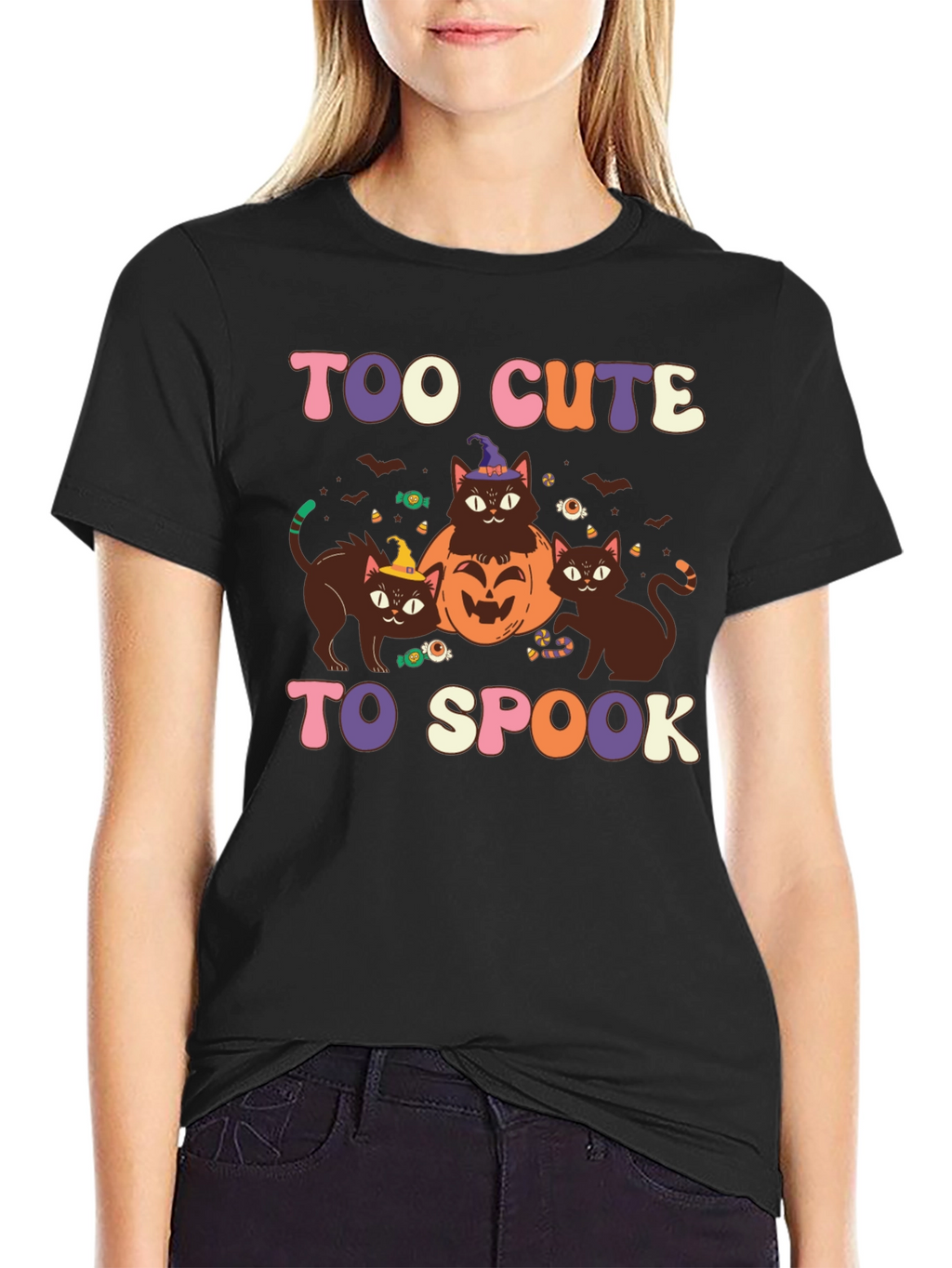 Too Cute to Spook Halloween Cat Graphic Tee