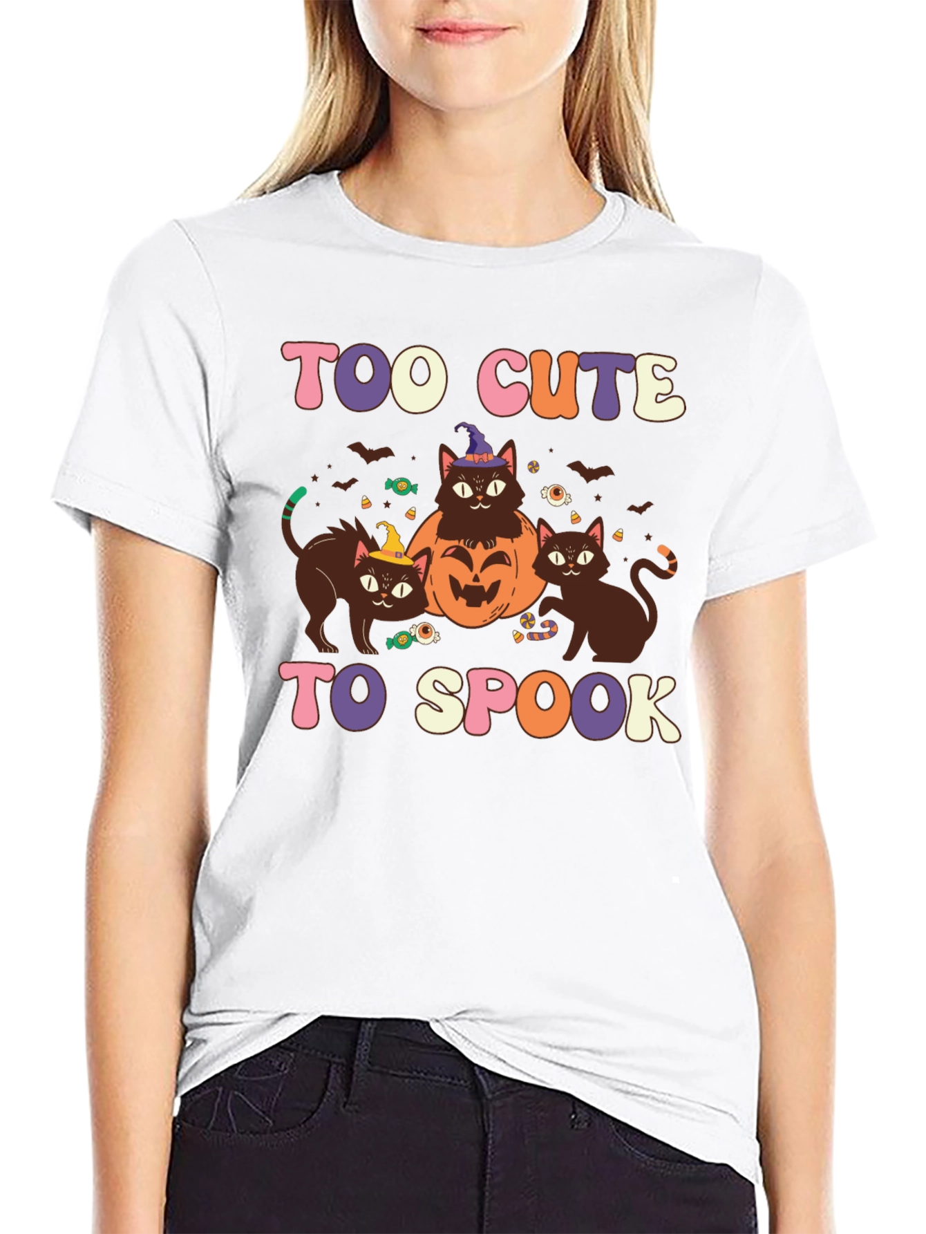 Too Cute to Spook Halloween Cat Graphic Tee