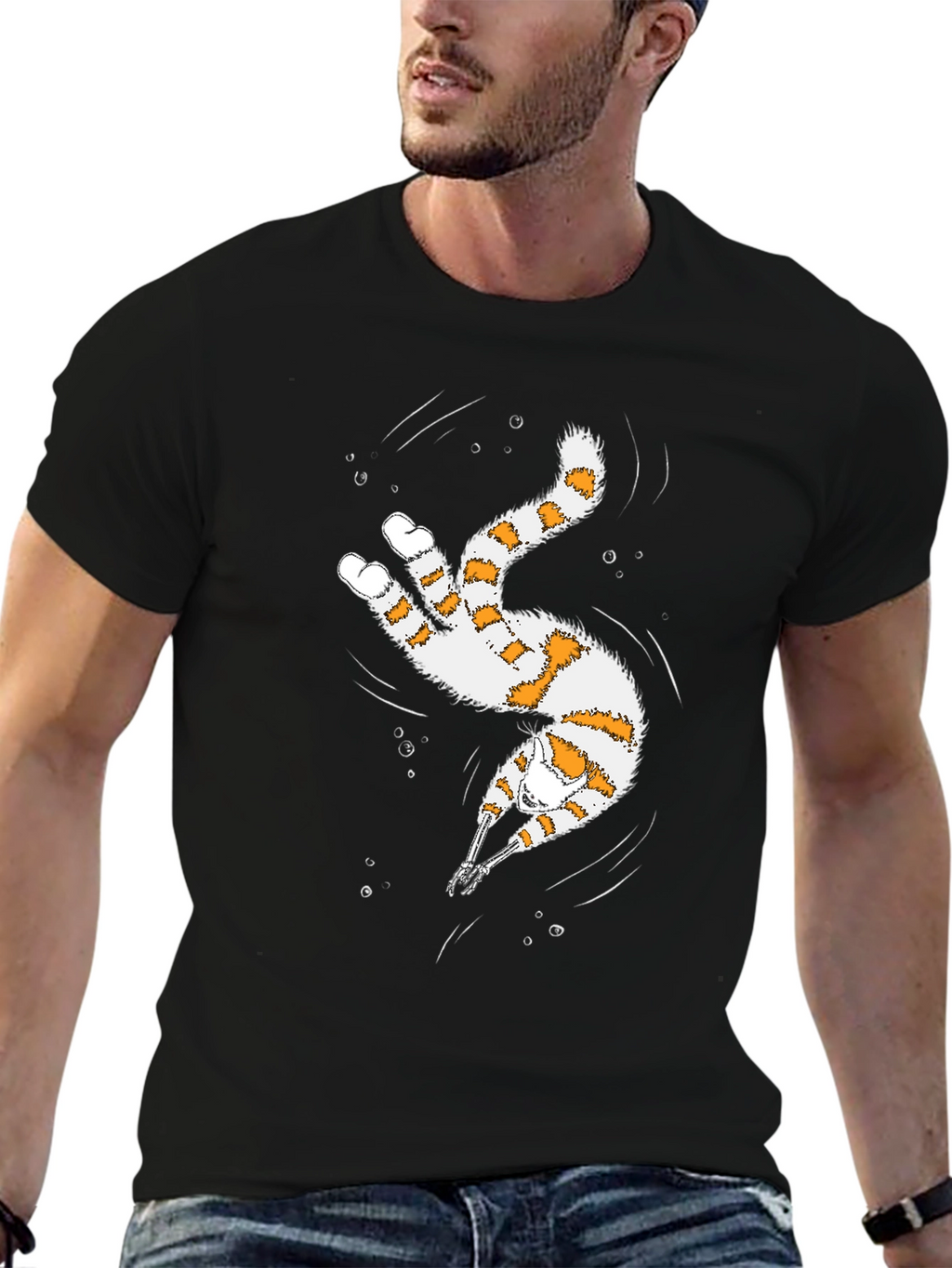 Whimsical Diving Cat Graphic Tee - Black