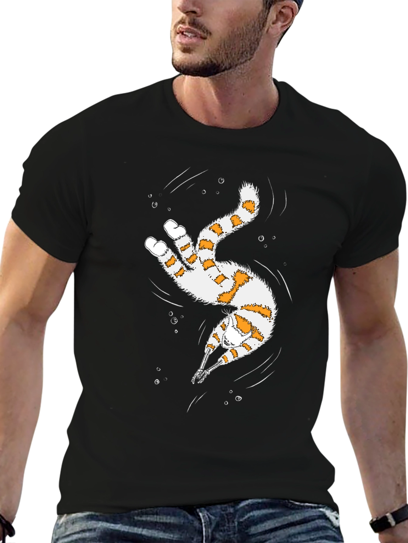 Whimsical Diving Cat Graphic Tee - Black