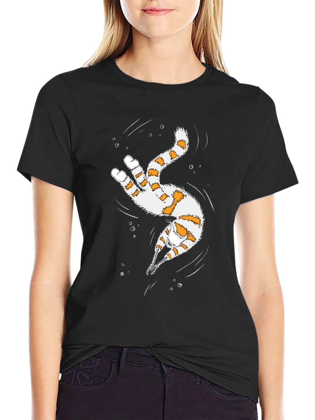 Whimsical Diving Cat Graphic Tee - Black