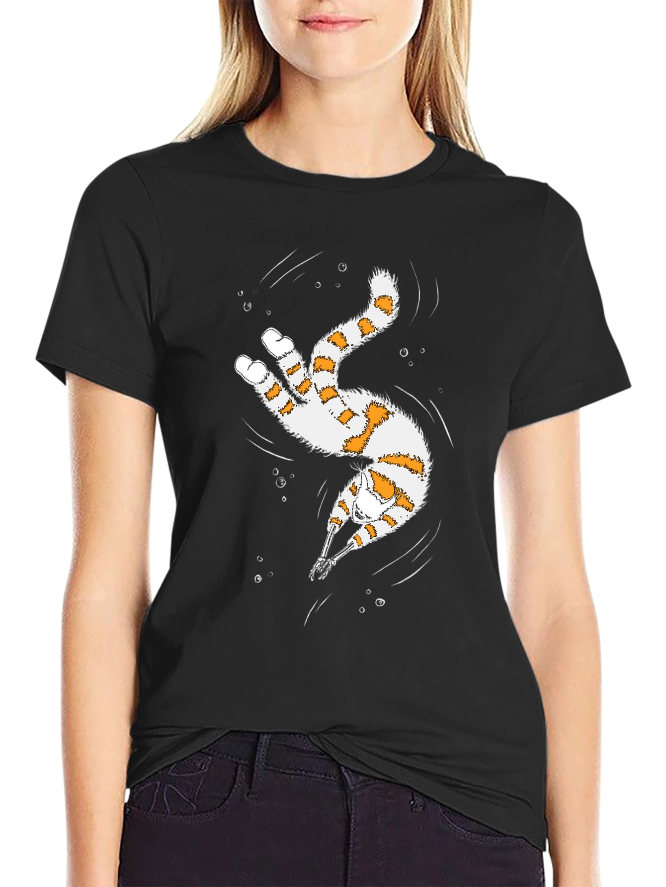 Whimsical Diving Cat Graphic Tee - Black