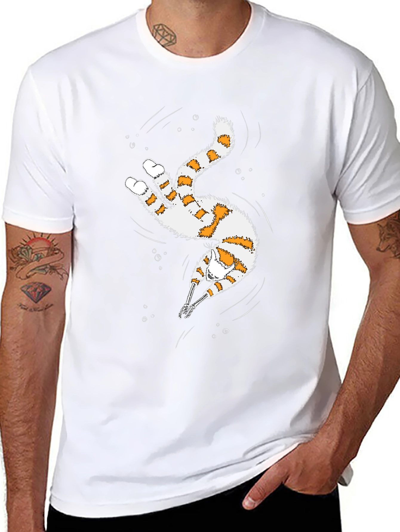 Whimsical Diving Cat Graphic Tee - Black