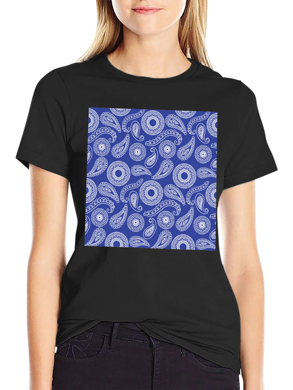 Paisley Pattern Black Crewneck T-Shirt