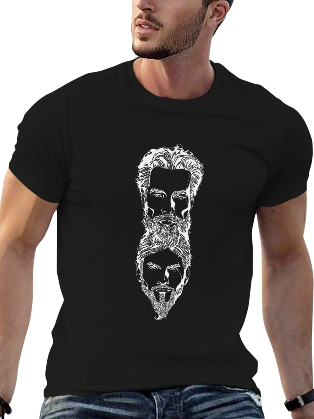 Mens Black T-Shirt with Graphic Portraits