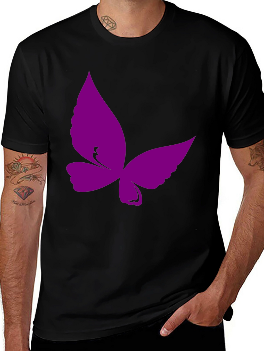 Purple Butterfly Graphic Black T-Shirt