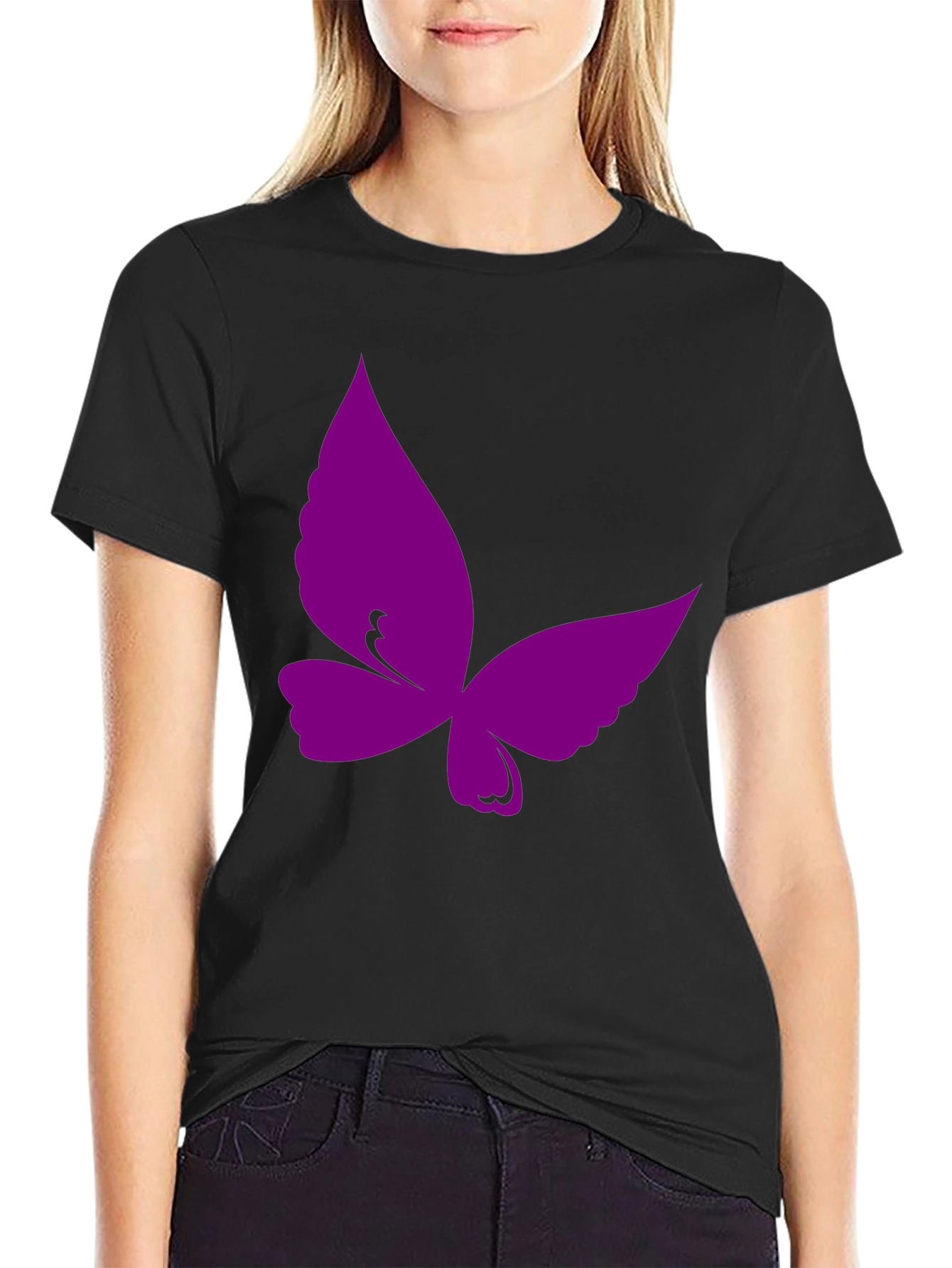 Purple Butterfly Graphic Black T-Shirt