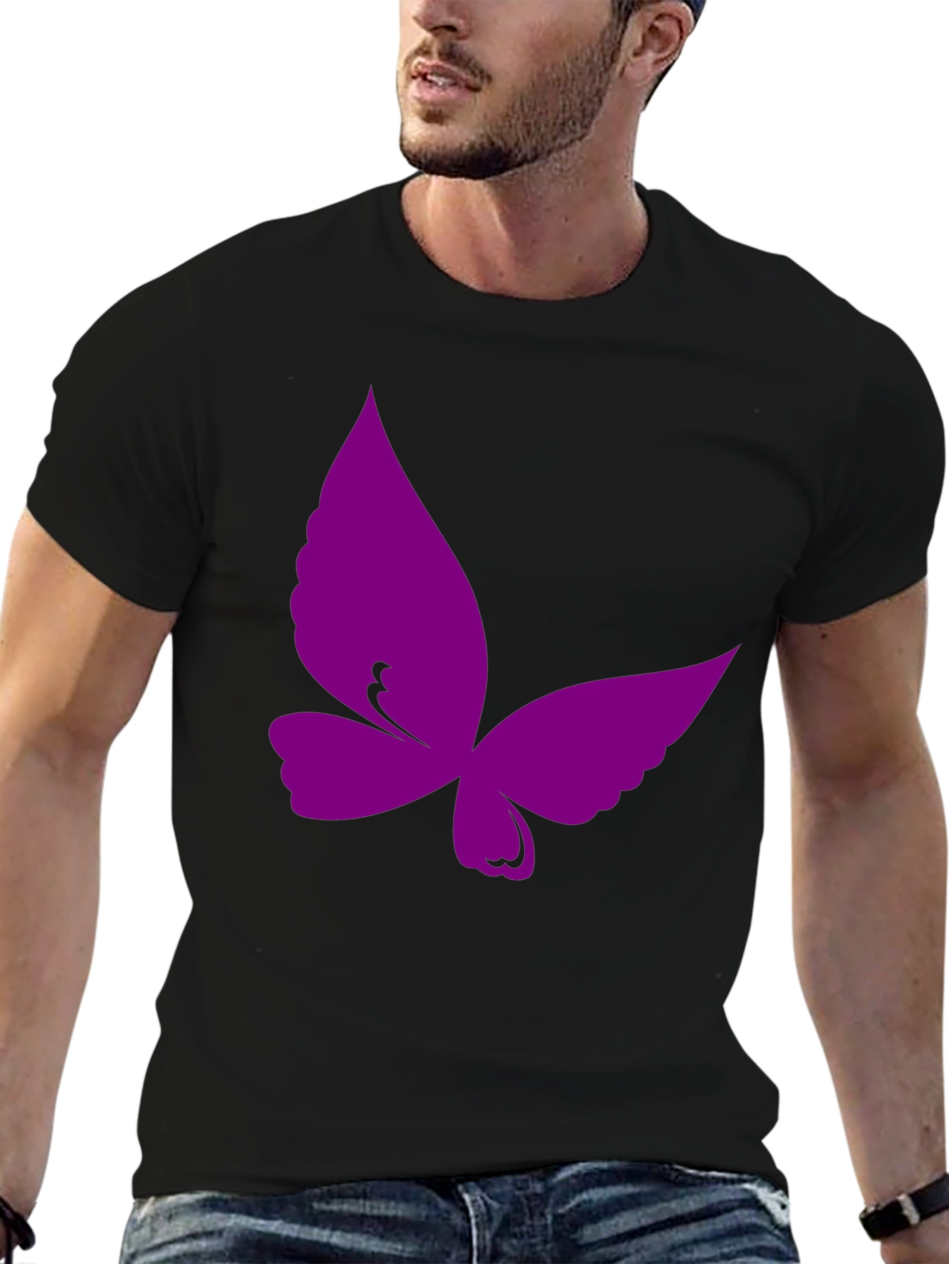 Purple Butterfly Graphic Black T-Shirt