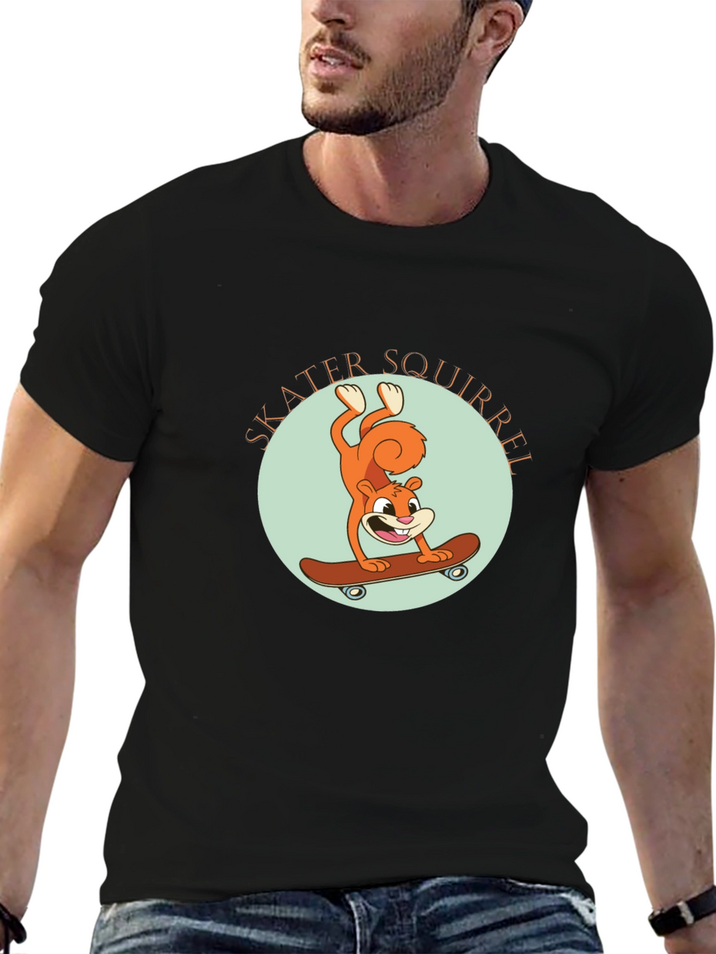 Skater Squirrel Black Graphic Tee