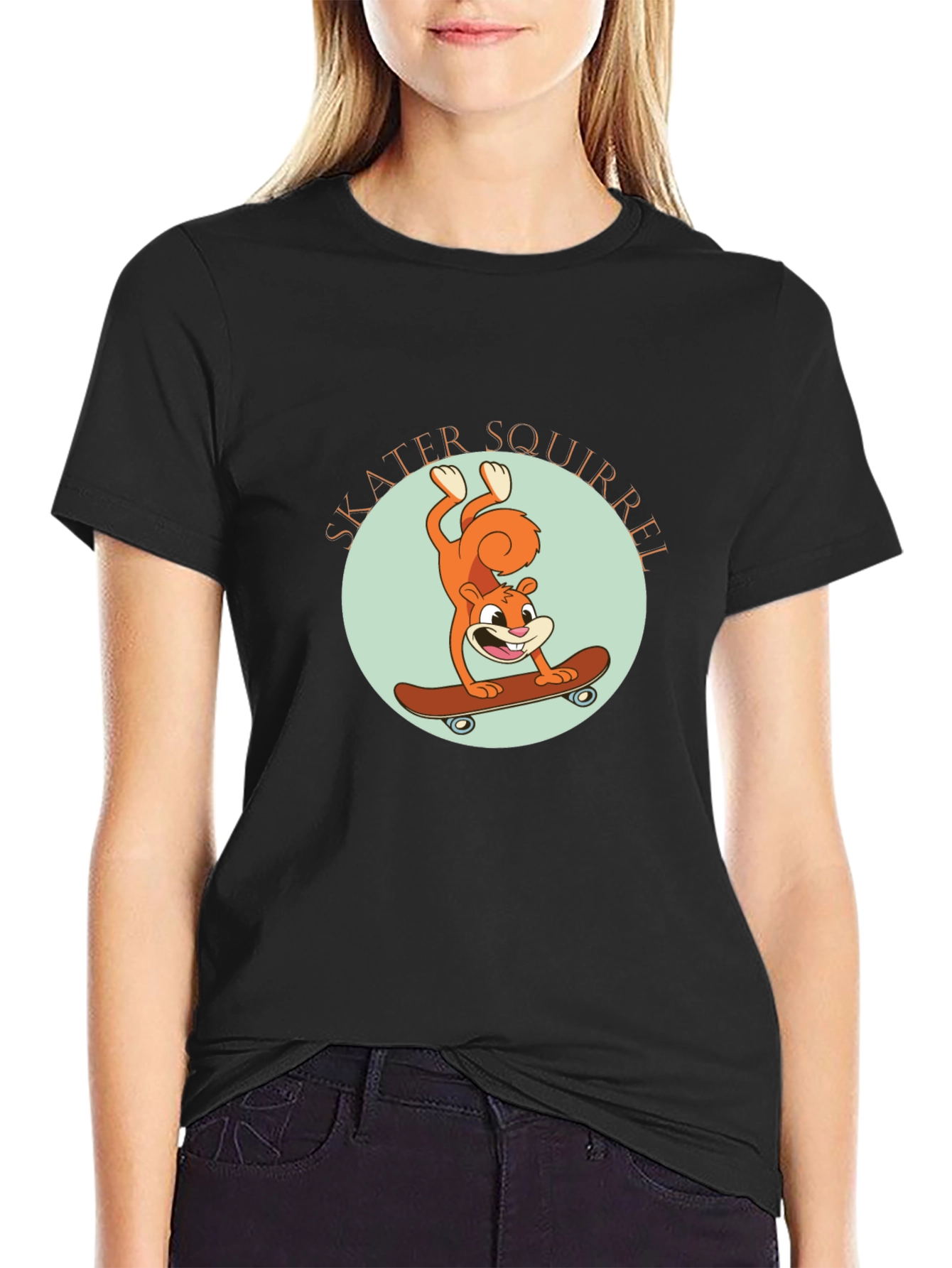 Skater Squirrel Black Graphic Tee