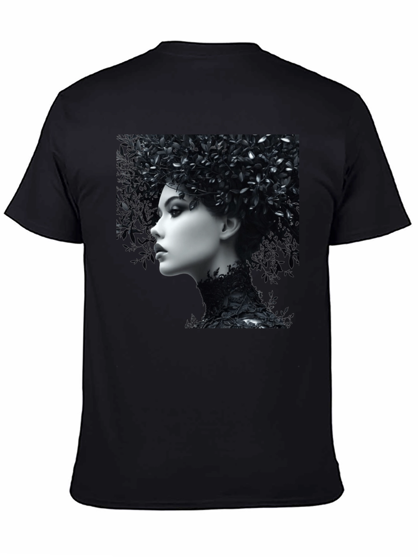 Black T-Shirt with Floral Portrait Graphic