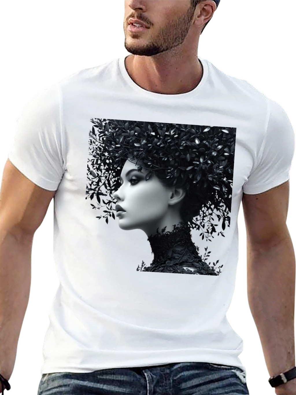 Black T-Shirt with Floral Portrait Graphic
