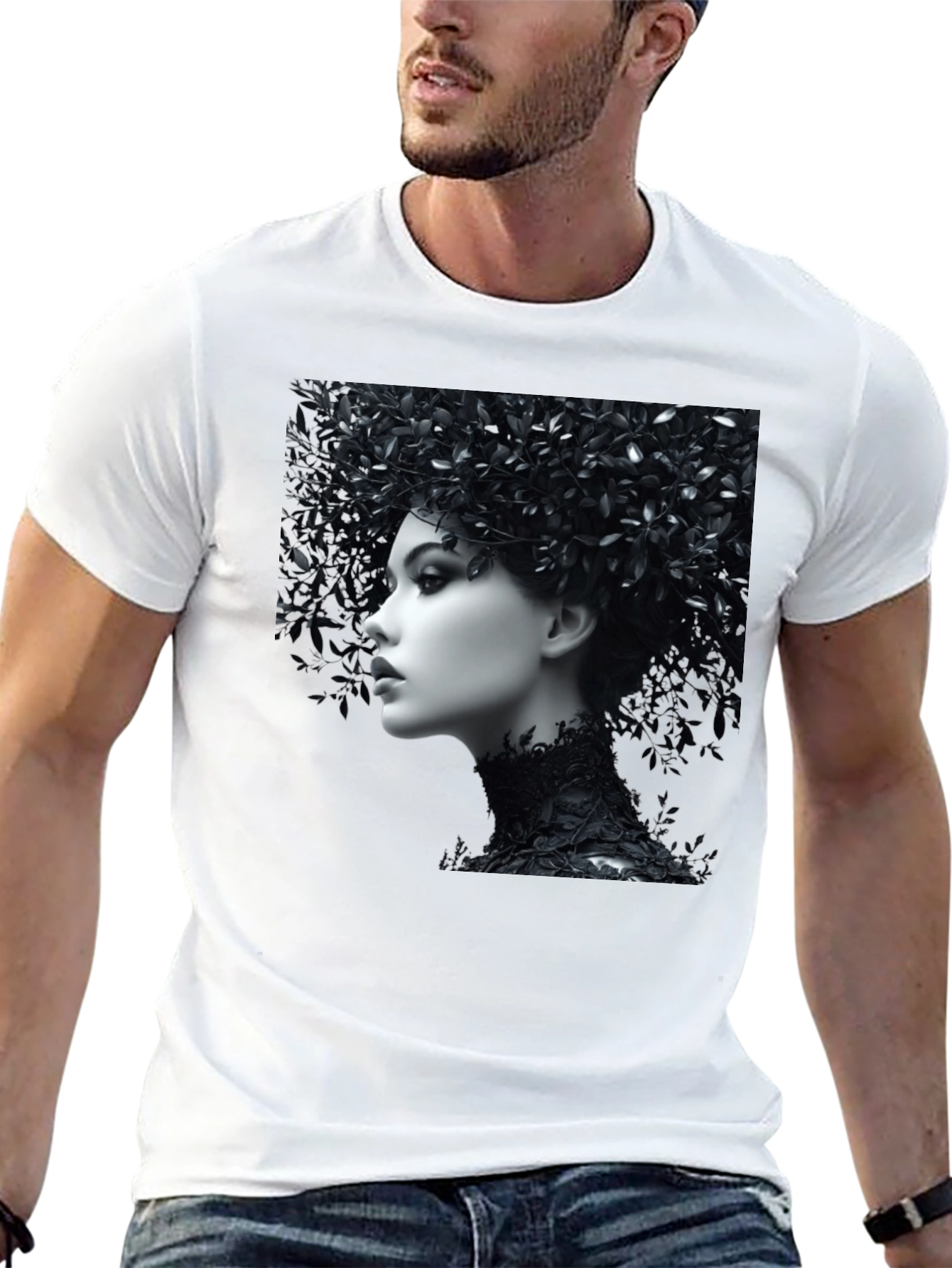 Black T-Shirt with Floral Portrait Graphic