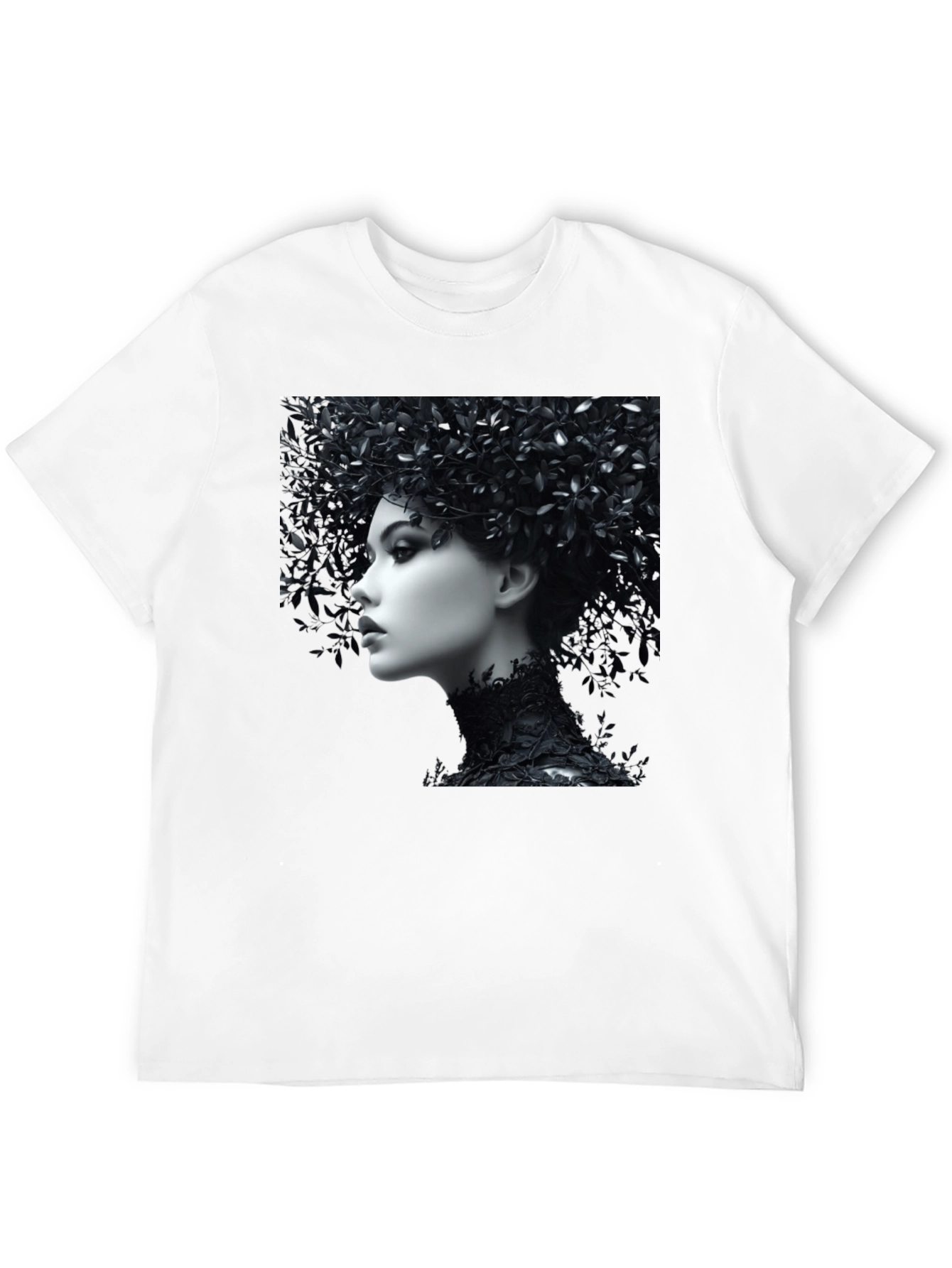 Black T-Shirt with Floral Portrait Graphic