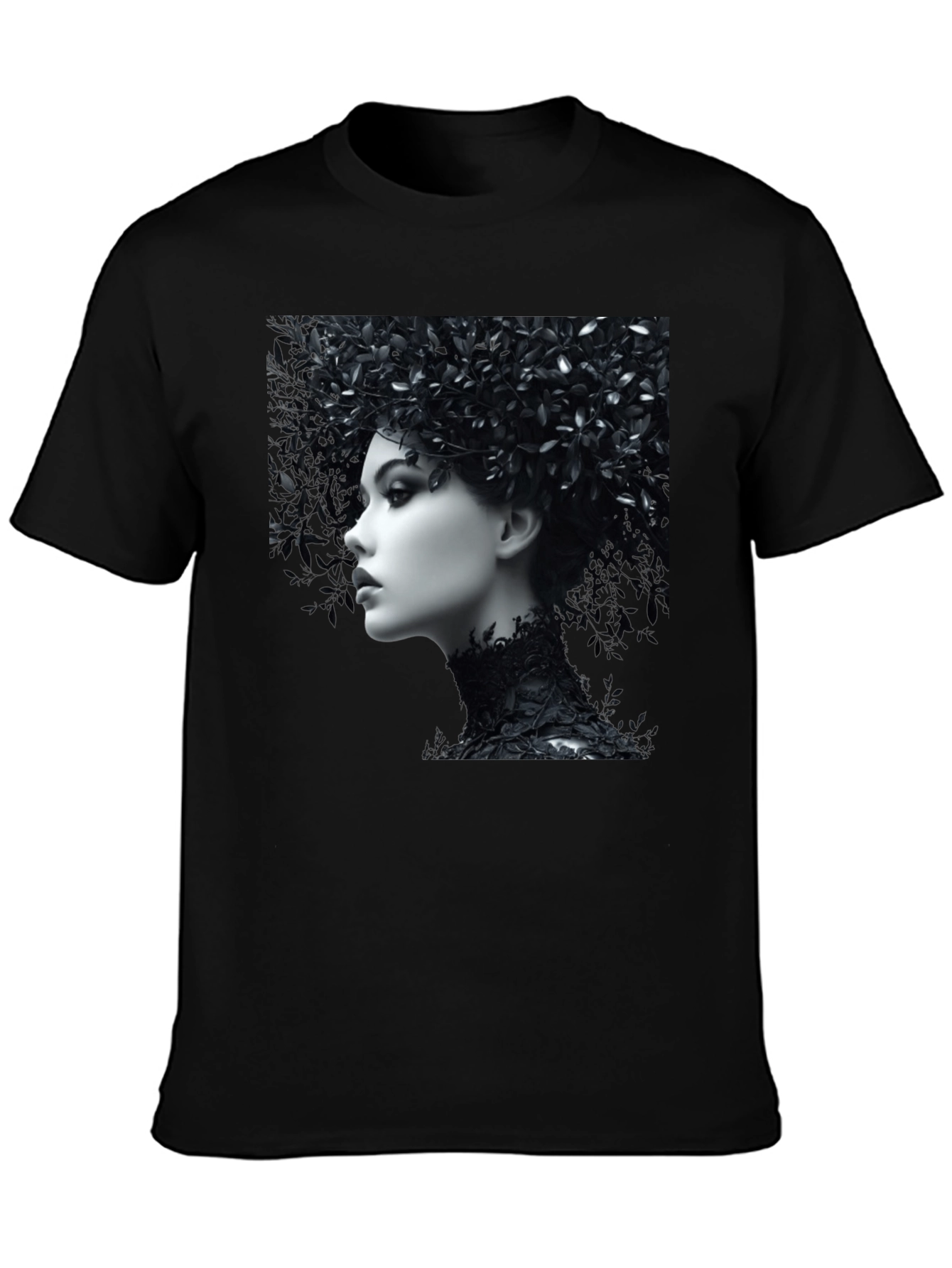 Black T-Shirt with Floral Portrait Graphic