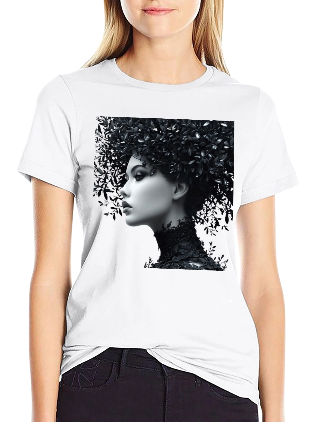 Black T-Shirt with Floral Portrait Graphic