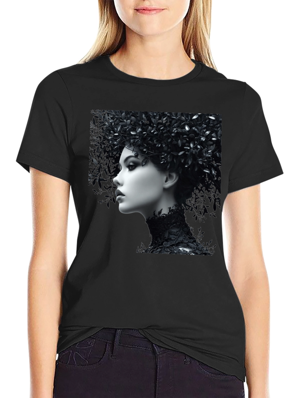 Black T-Shirt with Floral Portrait Graphic