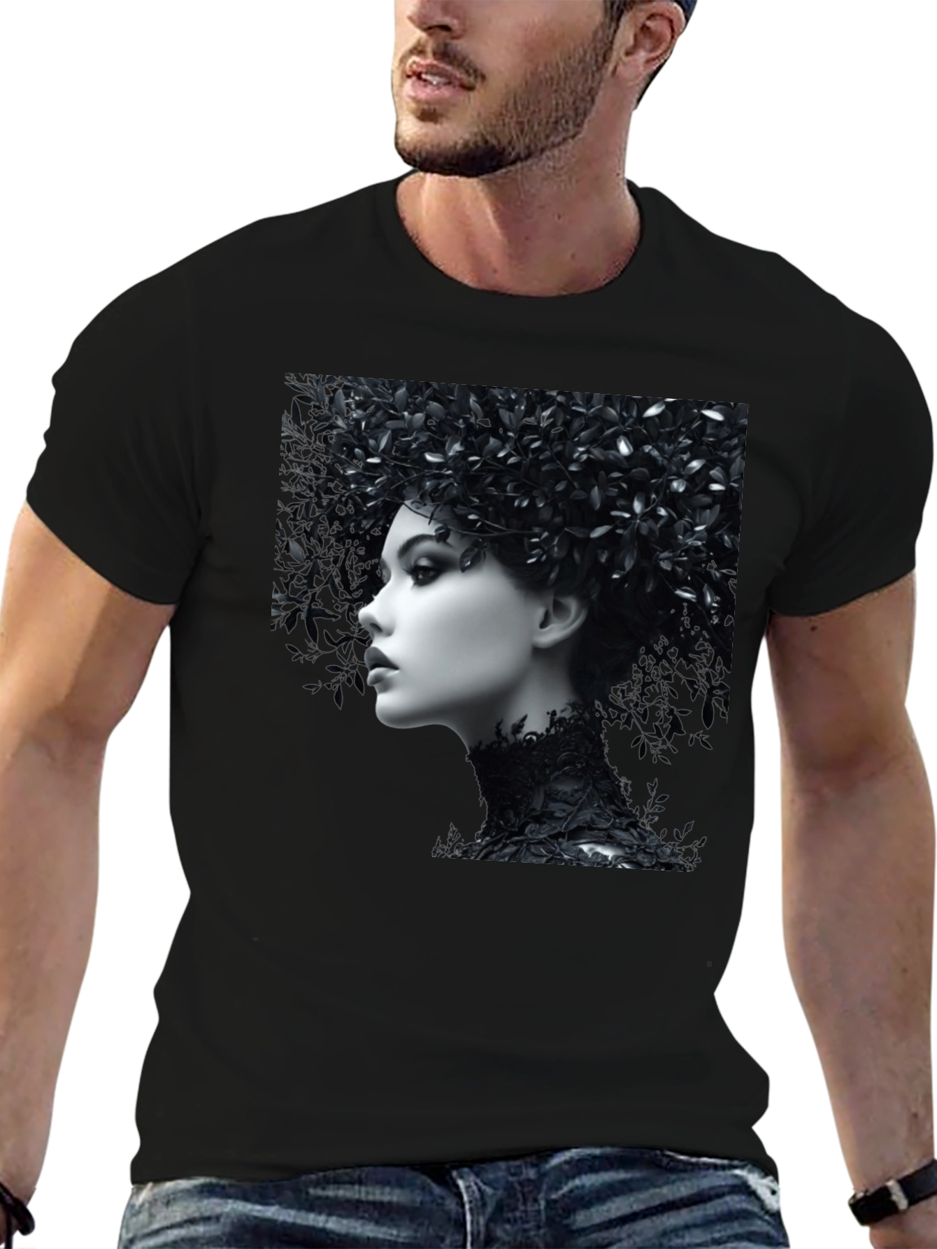 Black T-Shirt with Floral Portrait Graphic