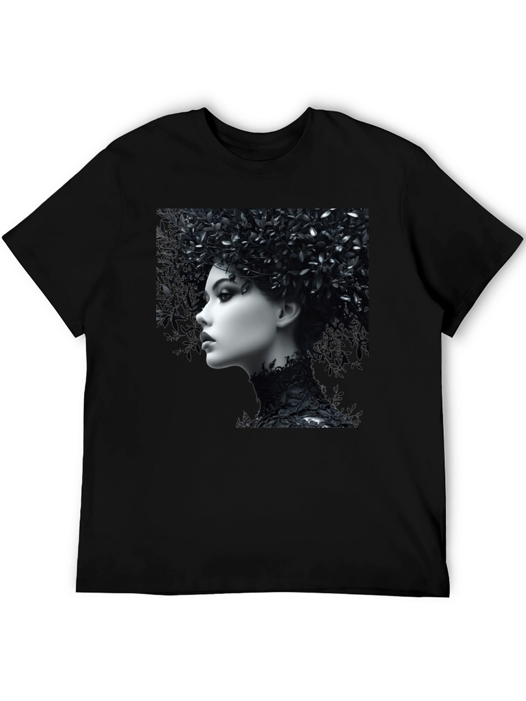 Black T-Shirt with Floral Portrait Graphic