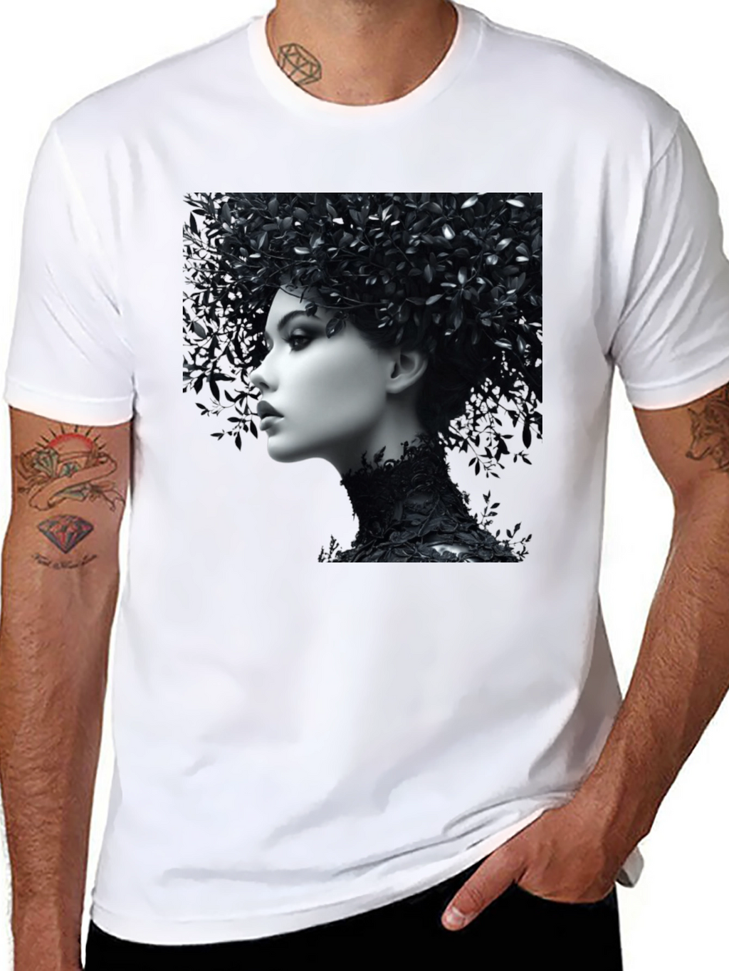 Black T-Shirt with Floral Portrait Graphic