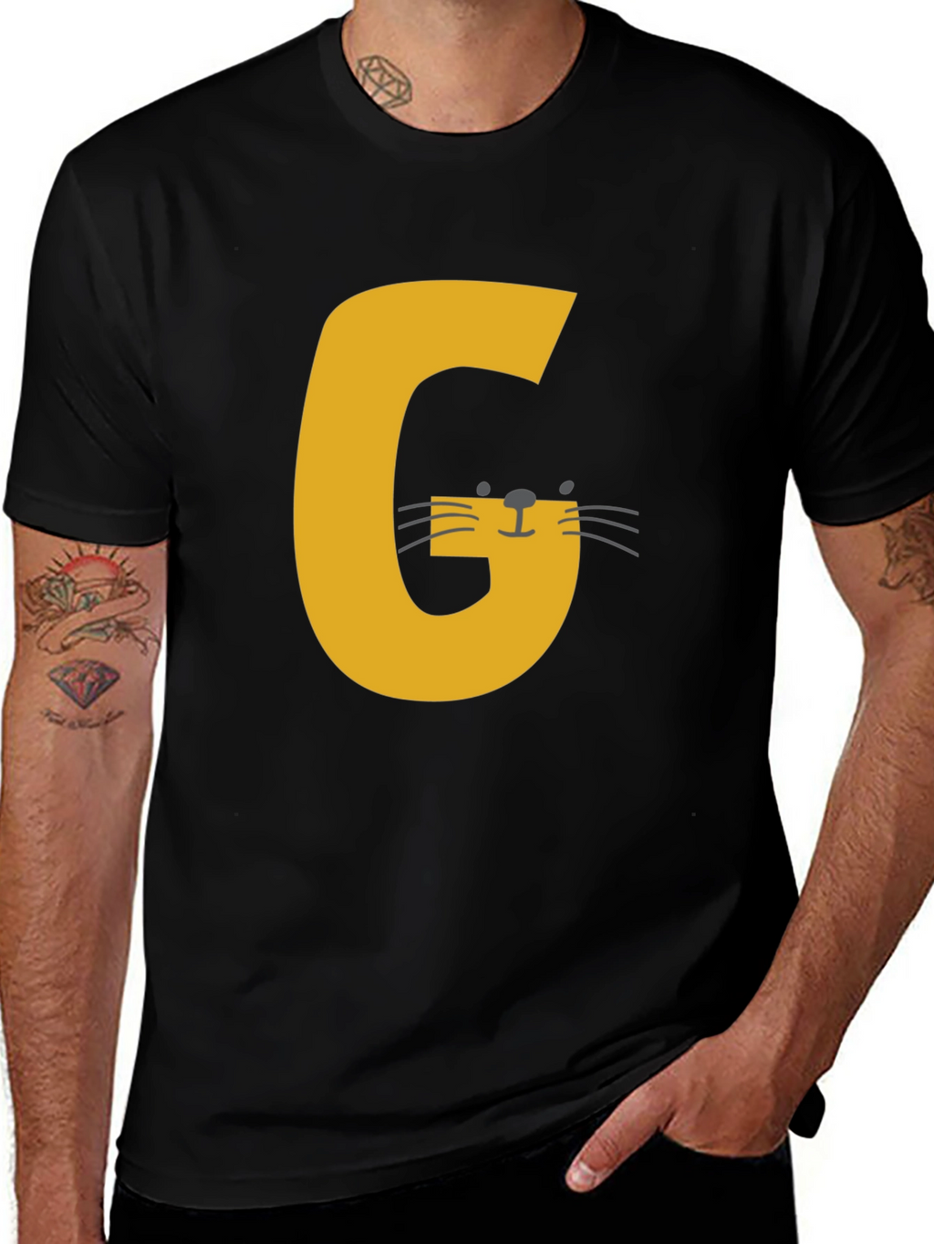 Letter G Cat Graphic T-Shirt - Black Cotton Tee