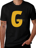 Letter G Cat Graphic T-Shirt - Black Cotton Tee
