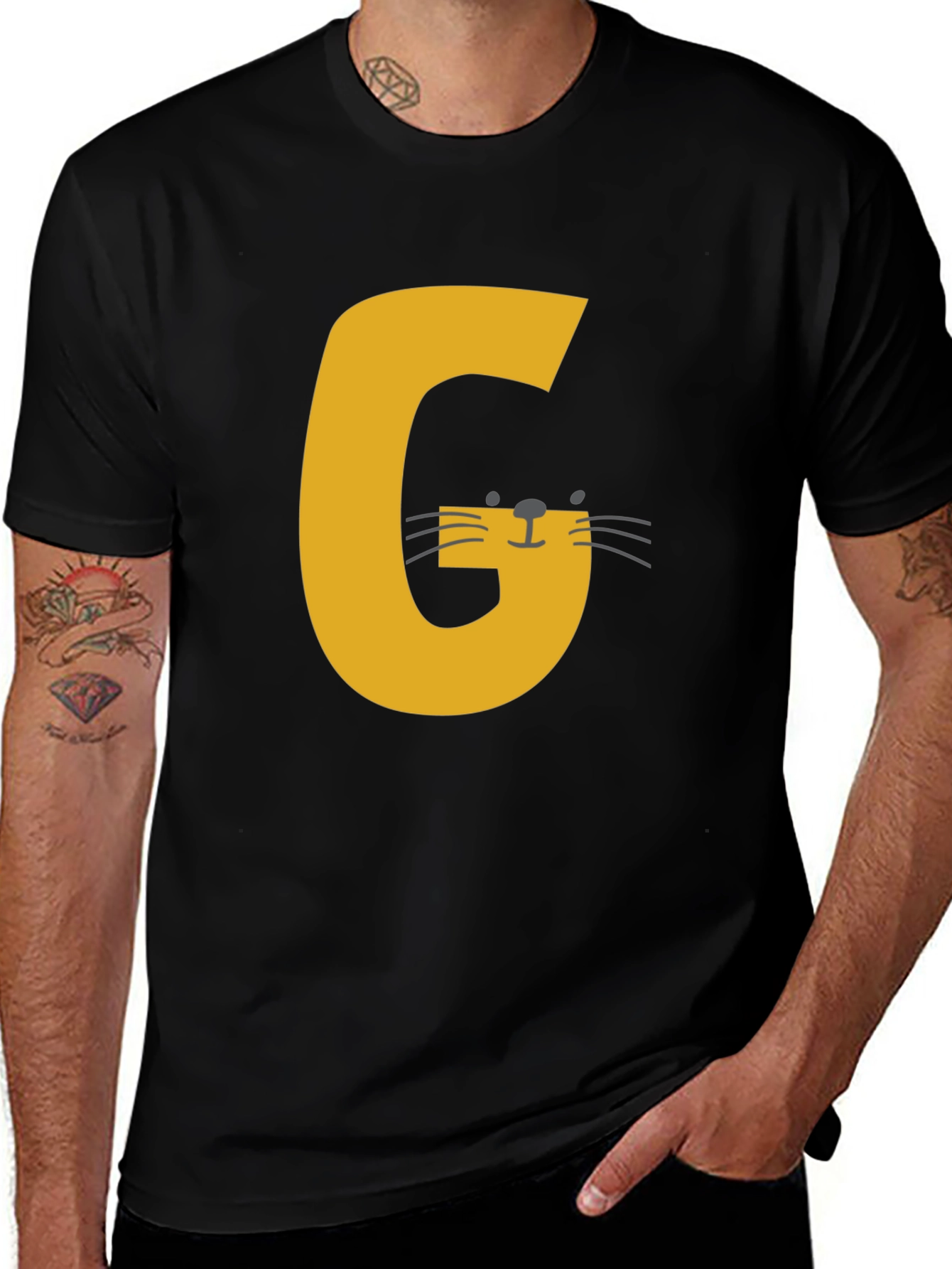 Letter G Cat Graphic T-Shirt - Black Cotton Tee