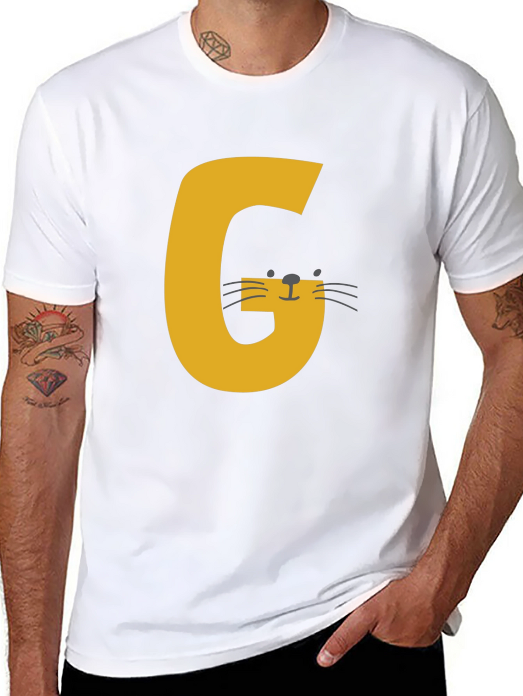 Letter G Cat Graphic T-Shirt - Black Cotton Tee