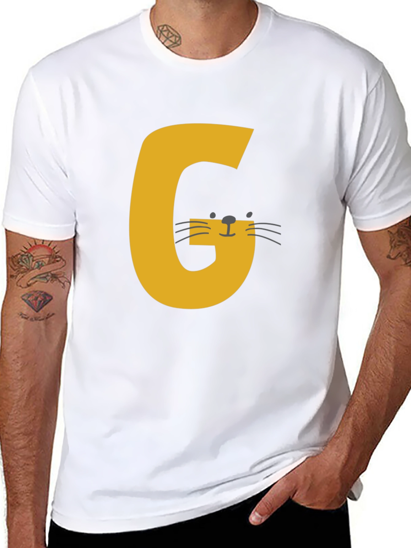Letter G Cat Graphic T-Shirt - Black Cotton Tee