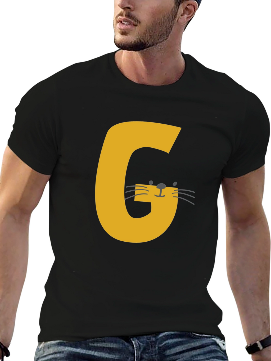 Letter G Cat Graphic T-Shirt - Black Cotton Tee