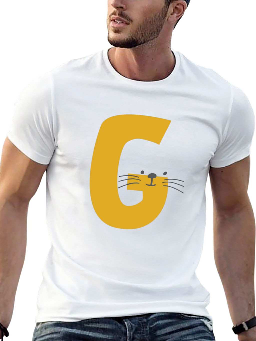 Letter G Cat Graphic T-Shirt - Black Cotton Tee