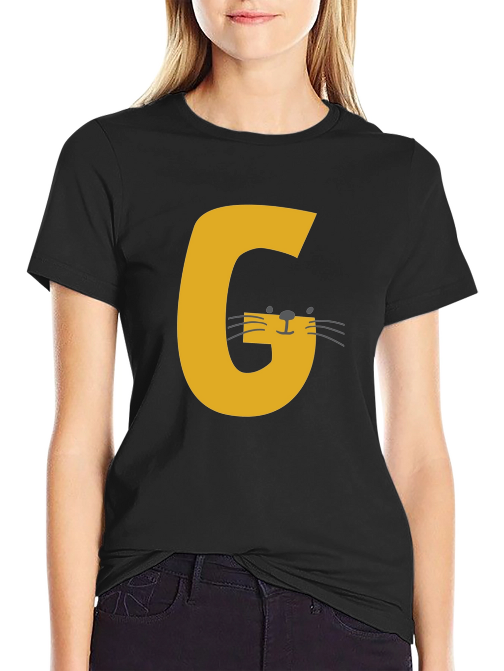 Letter G Cat Graphic T-Shirt - Black Cotton Tee