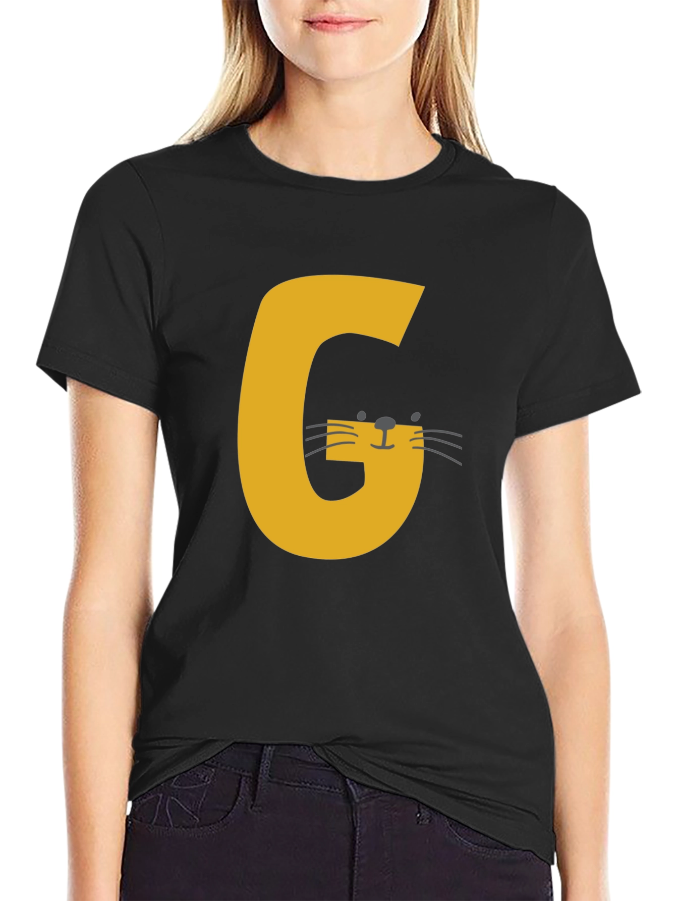 Letter G Cat Graphic T-Shirt - Black Cotton Tee