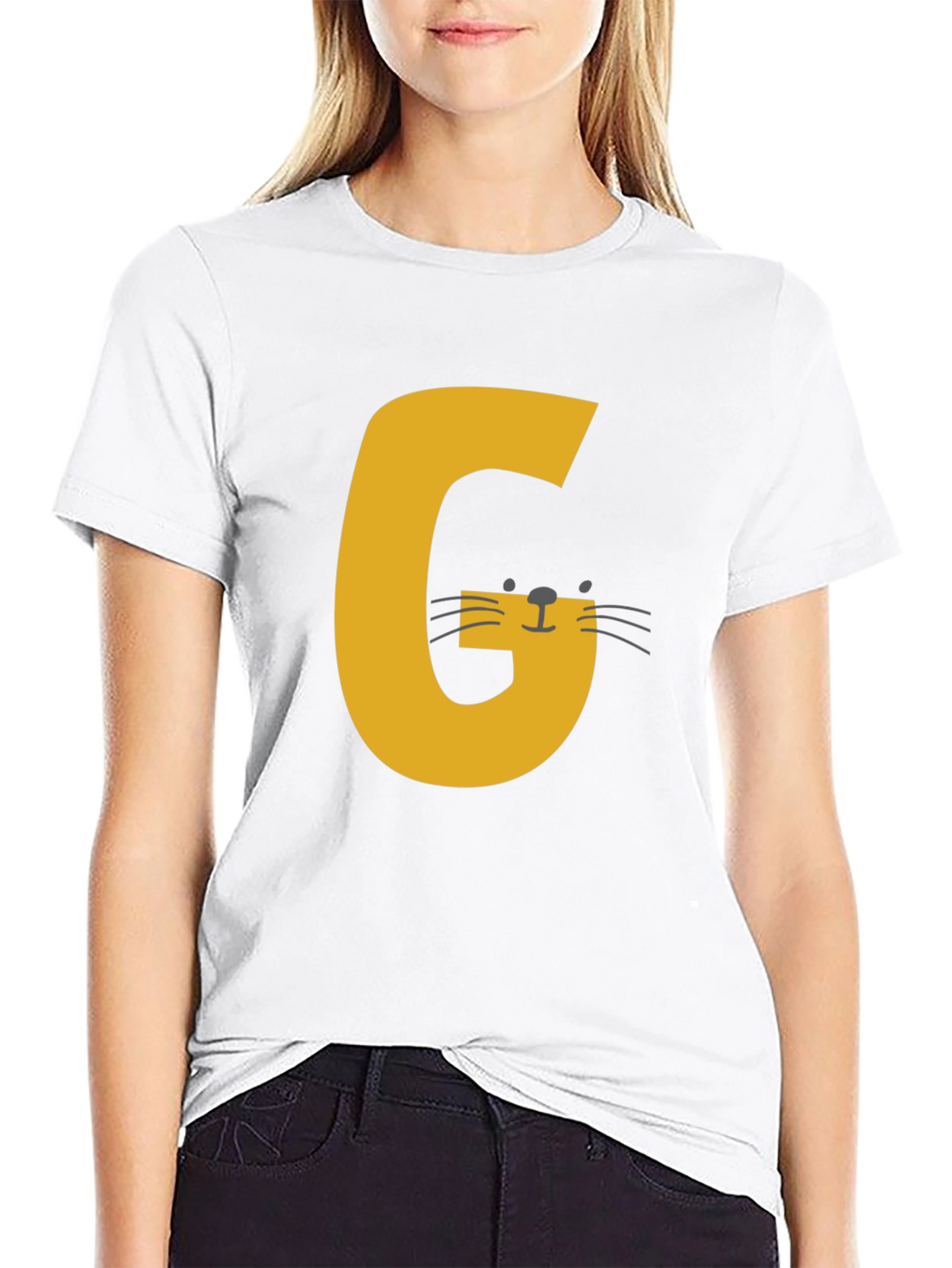 Letter G Cat Graphic T-Shirt - Black Cotton Tee