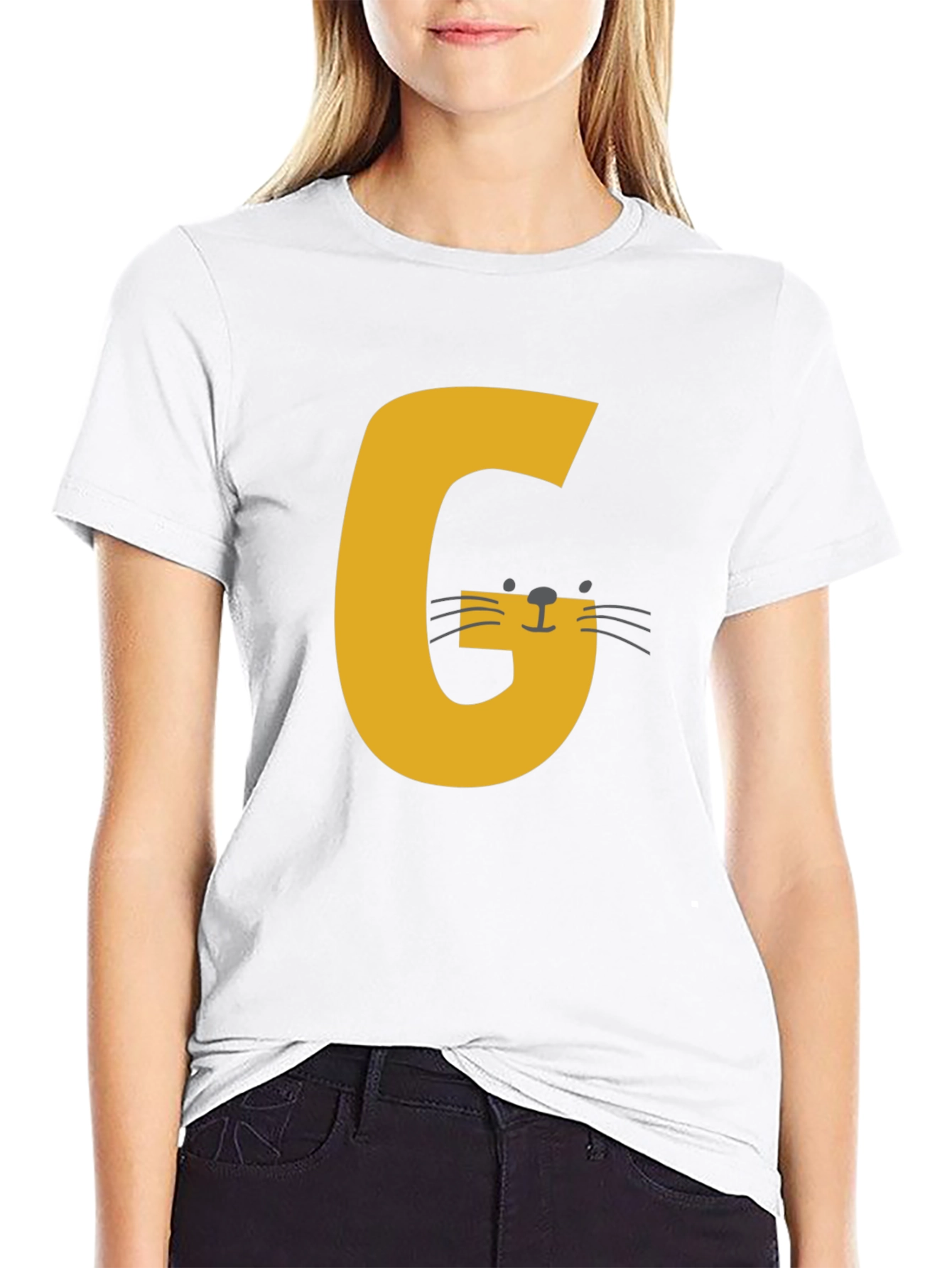 Letter G Cat Graphic T-Shirt - Black Cotton Tee
