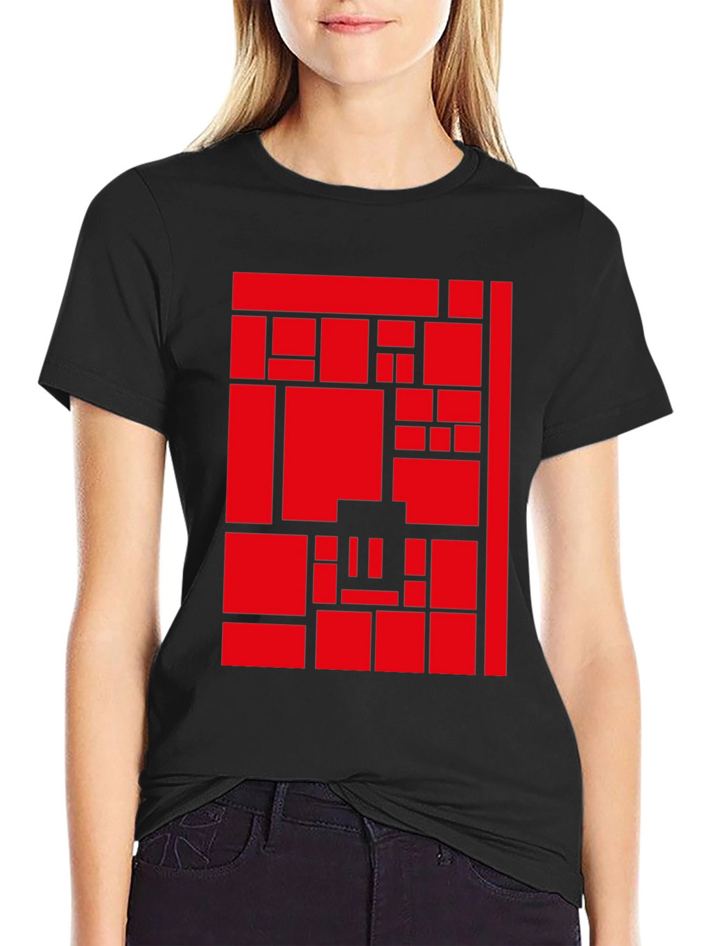 Abstract Geometric Red Block Pattern Print Tee