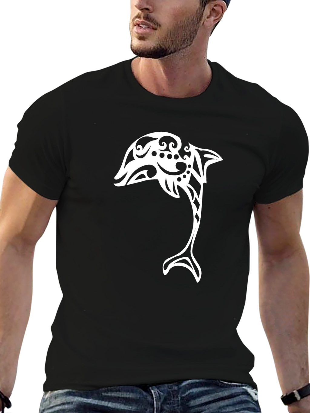 Tribal Dolphin Graphic Tee - Black Cotton Blend