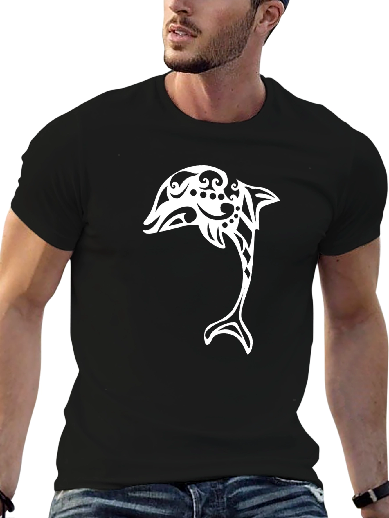 Tribal Dolphin Graphic Tee - Black Cotton Blend