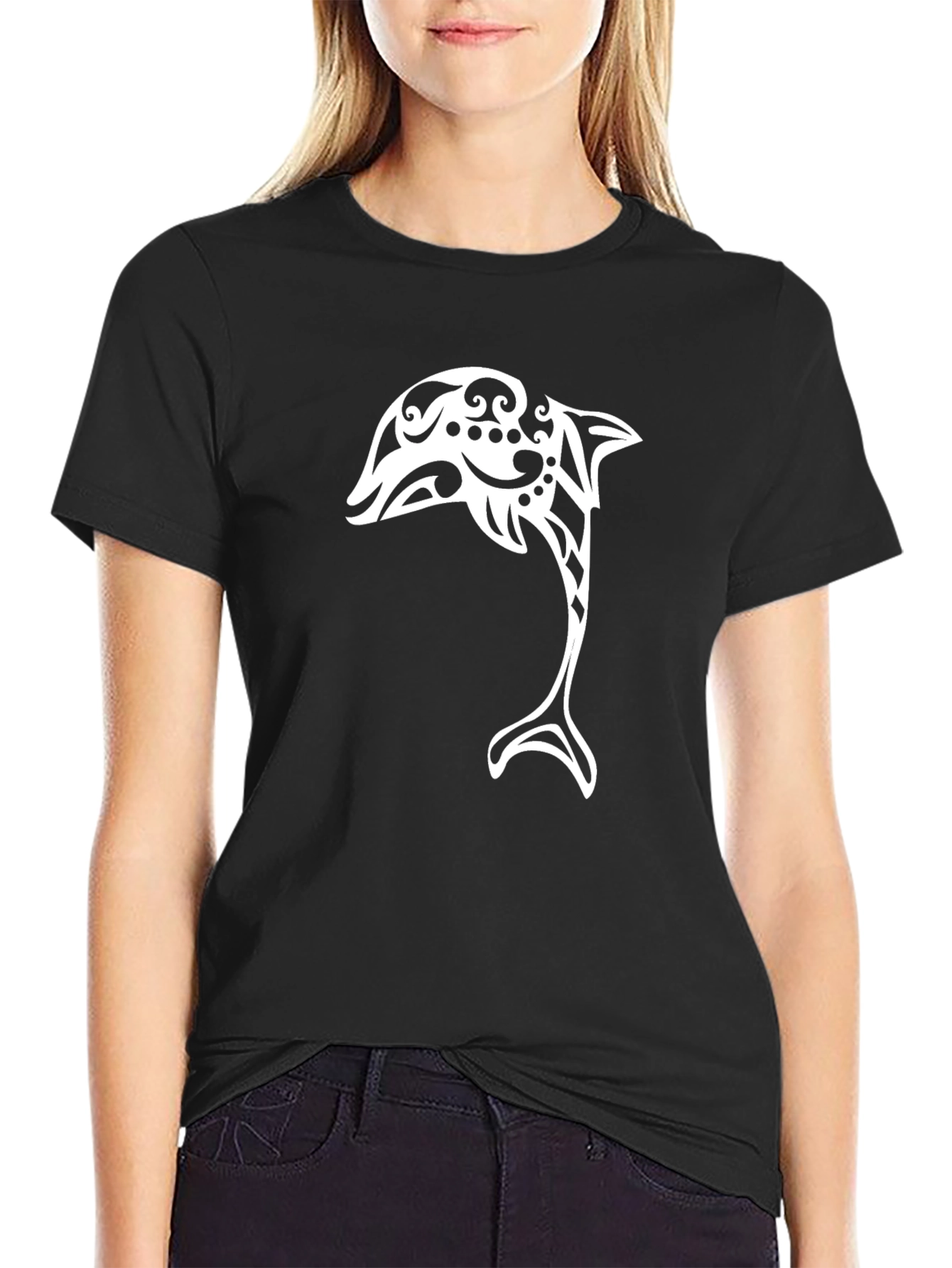 Tribal Dolphin Graphic Tee - Black Cotton Blend