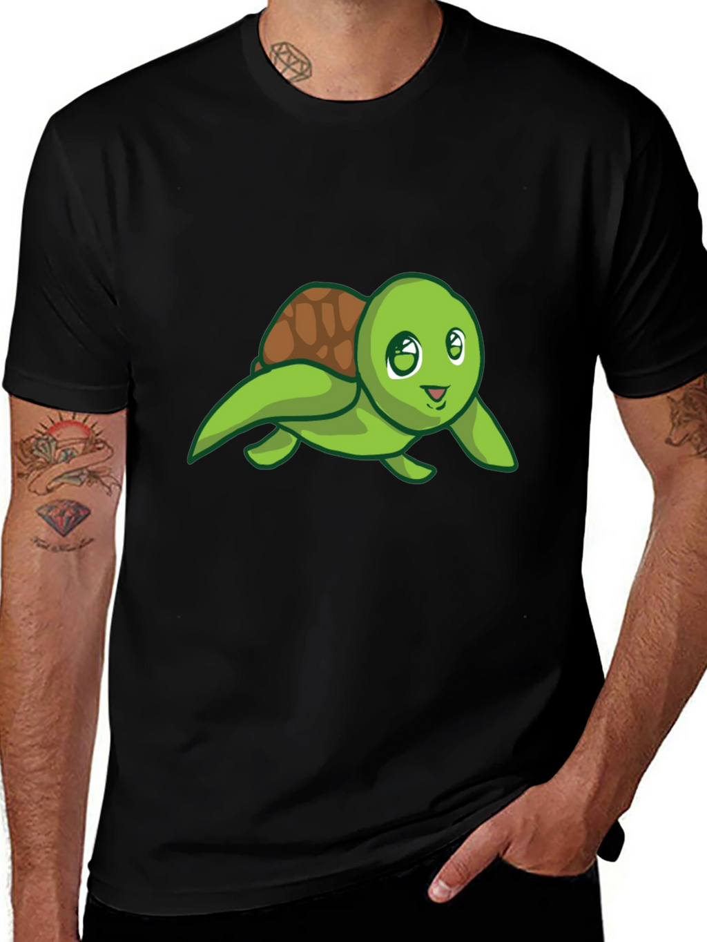 Cute Turtle Graphic Tee - Black Cotton T-Shirt
