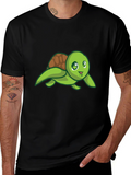 Cute Turtle Graphic Tee - Black Cotton T-Shirt