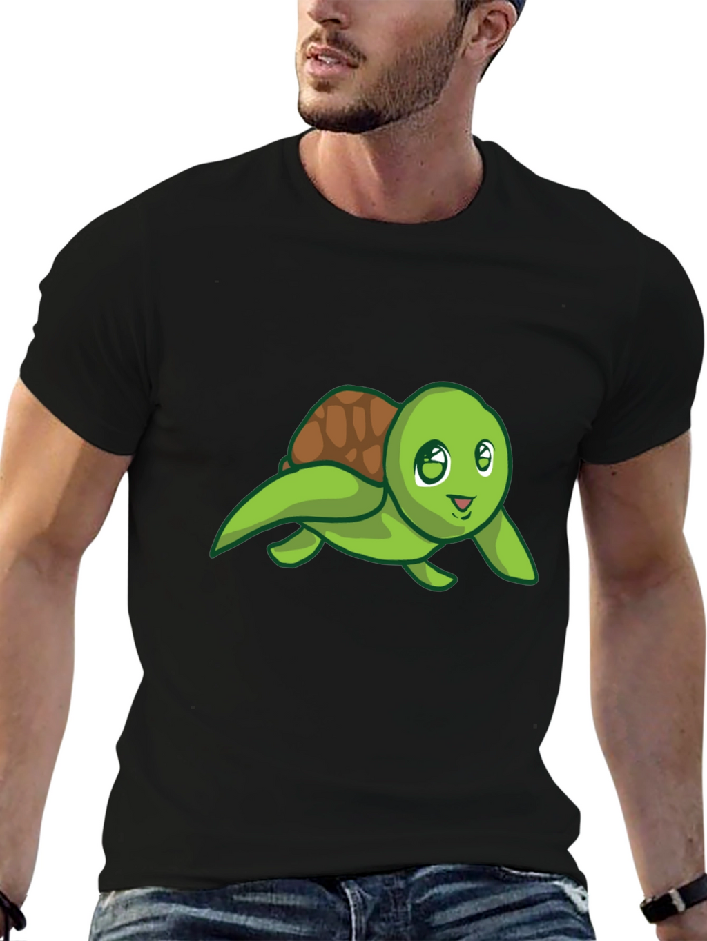 Cute Turtle Graphic Tee - Black Cotton T-Shirt